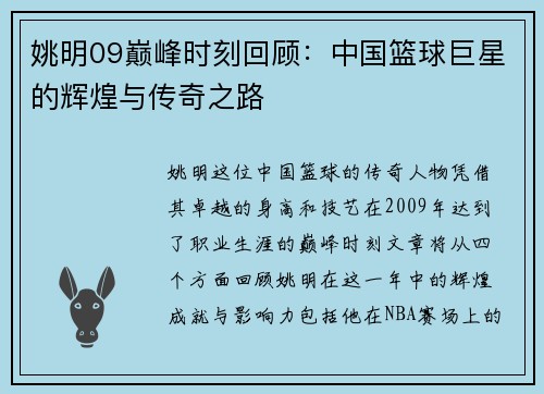 姚明09巅峰时刻回顾：中国篮球巨星的辉煌与传奇之路